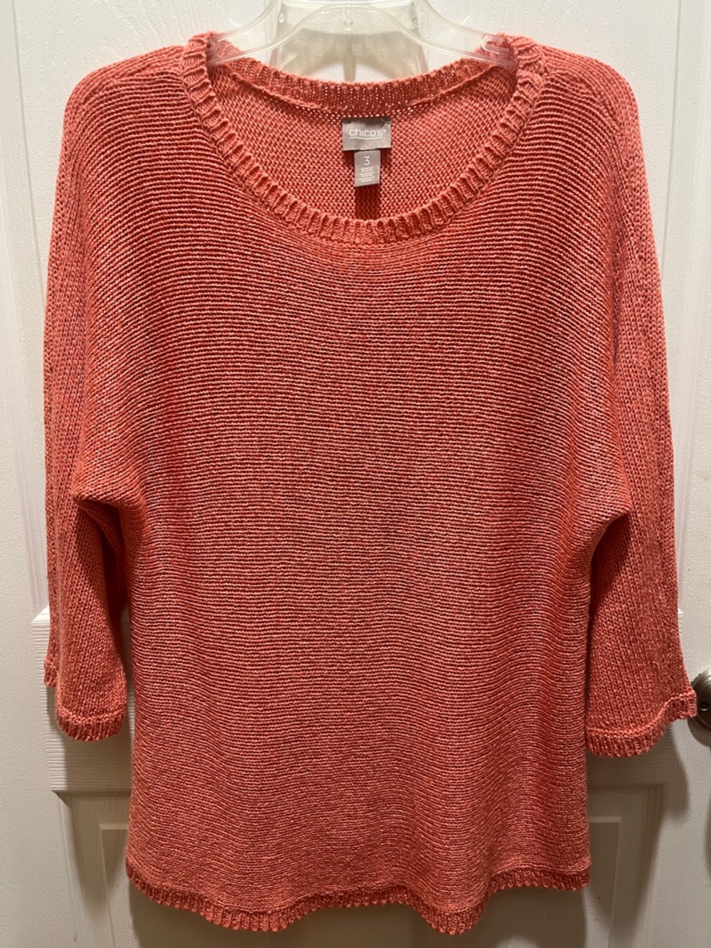 Chico's Coral Scoop Neck Lightweight Knit Sweater  3/4 in sleeves.